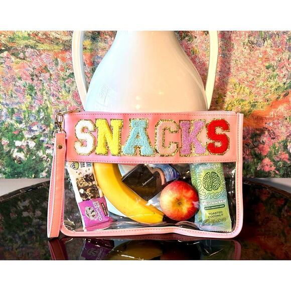New Clear Pink "SNACKS" Zipper Pouch w/ Removable Wristlet Strap - Picture 2 of 4